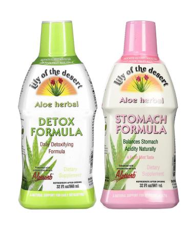 Lily Of The Desert Stomach Formula & Detox Formula Variety 2-Pack Aloe Vera andHerbs for Gut Health Liver Detox Heartburn Relief 32 Fl Oz Ea 32 Fl Oz (Pack of 2)