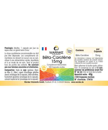 Buy Beta Carotene 15mg - 100 Softgels | Boost Vision & Immune Health | Warnke Vitalstoffe - German Pharmacy Quality - Buy Online on GoSupps.com