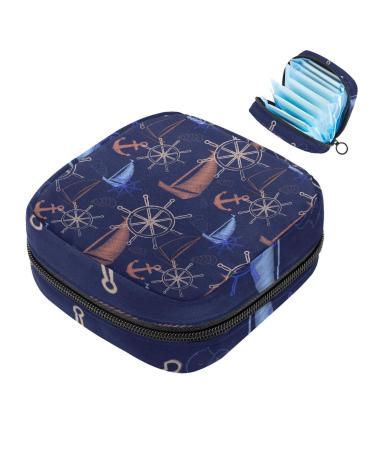 Menstruation pad bag with zipper women's napkin bag tampons collecting bags for women and girls (sailboat compass ship anchor navy leafy)