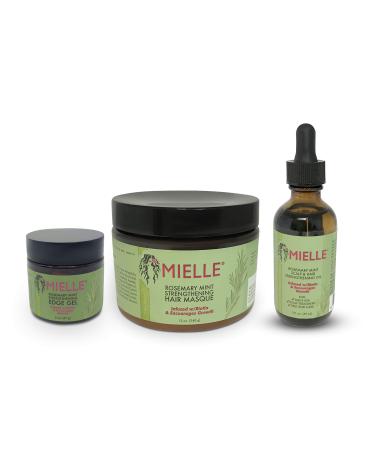 Mielle Organics Complete COMBO: Rosemary Mint Organic Hair Oil (2 fl oz) Hair Masque (12 fl oz) Strengthening Edge Gel