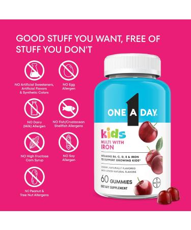 One A Day Kids Multivitamin with Iron Gummy Vitamin D Vitamin C E Zinc for Immune Support Gummy Vitamins Kids Multivitamin Gummies with Iron Cherry Flavor 60 Count (Packaging May Vary) - Buy Online on GoSupps.com