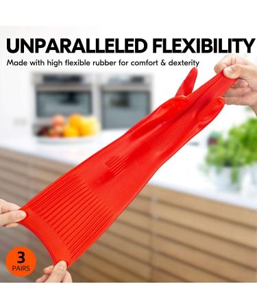 Vgo 3 Pairs Extra Thick Rubber Dishwashing Gloves - Long Sleeve Household Cleaning Gloves (RB2143) - Red - Buy Online on GoSupps.com