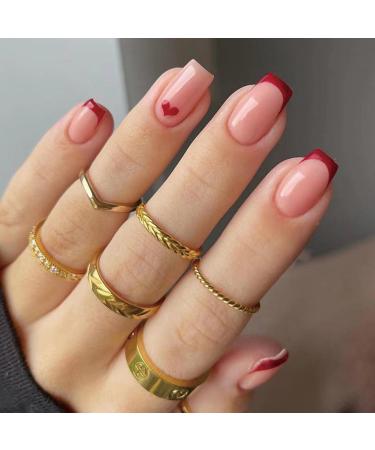 Justotry 24 pieces red French nails to stick briefly with heart motif nude angular press on nails glossy artificial nails square fingernails fingernails fake nails for women nails art 09 red & heart2 - Buy Online on GoSupps.com