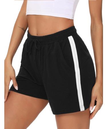 Lithherday shorts women sports shorts short pants strip jogging pants summer training trousers with bags of elastic waistband and breathable shorts for fitness running gym basketball l a-black