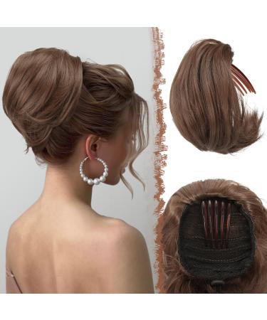 Feshfen hair part dutt with COMB short hair part horse tail haardutt chignon synthetic hair parts artificial hair dutt extensions with comb coordination train for women light brown