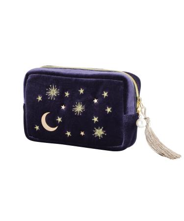 Handy cosmetic makeup bag,Navy Velvet Embroidered Applique Moon Stars Sun Cosmetic Bag,Starry Makeup Pouch with Tassels & Pearl Zipper,Beautician Storage Bag Clutch Handbags,Toiletry Wash Bag Medium-B