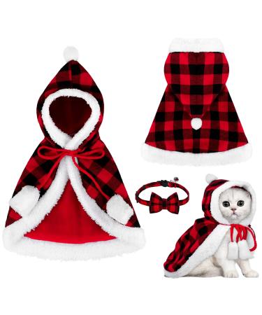 Pedgot Christmas Cat Dog Costume Pet Santa Cape with Xmas Hat Cat Collars with Bell and Bowtie Cat Cloak Pet Costume for Party Cosplay Christmas Pet Dress Up Medium Red+Black