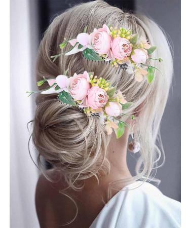 Campsis Set of 2 Pink Flower Bridal Hair Combs - Wedding Hair Accessories for Bride, Bridesmaid, Engagement, Prom, Beach Photography - Buy Online on GoSupps.com