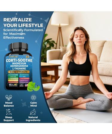 JTEVEweu Corti-Soothe Cortisol Supplement,Magnesium Glycinate 200mg, L-Theanine 150mg, Phosphatidylserine 50mg & Manager Lions Mane Holy Basil Ginkgo Biloba Bacopa Monnieri Valerian (60 Capsules) B - Buy Online on GoSupps.com