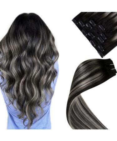 Laavoo real hair Extensions clip in blayage black clip in extensions real hair ombre black silver hair extension real hair with clips double tresse 70g 5 pieces 35cm #1b/s/1b 35cm-70g 3.4 #1b/s/1b