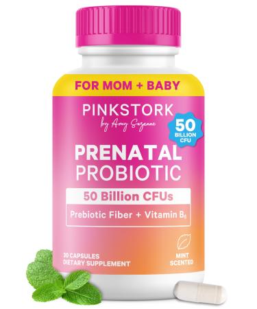 Pink Stork Prenatal Probiotic for Women | 50 Billion CFU | Vitamin B6 Prebiotics | Pregnancy Probiotics for Morning Sickness | Digestive Immune & Gut Health | Vegan Gluten-Free | 30 Capsules Mint Mint 30 Count (Pack of