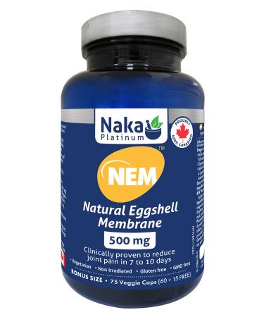 Naka Platinum NEM partially hydrolysed chicken eggshell membrane 500 mg per capsule. Clinically proven to reduce joint pain Bonus Size 75 Veggie Caps (60+15 Free)