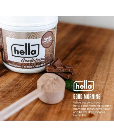 Hella Goodmorning Protein & Collagen Powder - Swiss Chocolate - Vitamins Minerals & 80mg Organic Caffeine for Focus & Energy - 20 Servings - Buy Online on GoSupps.com