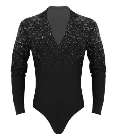 XUNZOO Mens Latin Ballet Ballroom Dance Leotard Long Sleeve Mesh Splice Shiny Rhinestones Decor Shirts Black Zipper Medium