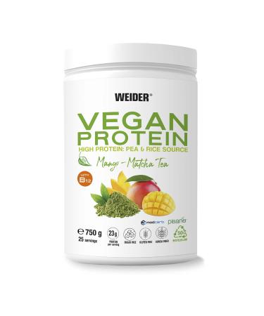 Weider vegan protein (750g) Mango-Matcha taste.23g protein/dose hereditary isolate (Pisane) & rice proteins.With vitamin B12 & Stevia.Gluten -free sugar -free.Packaging 50% recycled 100% recyclable 750g Mango-Matcha