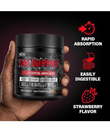 EAA Gummies - 2:1:1 BCAA Formula (8300mg) - Essential Amino Acids for Muscle Recovery & Endurance - Non-GMO Gluten Free Sugar Free Vegetarian Strawberry Flavor - 90 Count - Buy Online on GoSupps.com