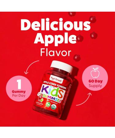 Organic Kids Apple Cider Vinegar Gummies by Feel Great Vitamins | Rich in Digestive Enzymes & Natural Antioxidants for Gut Health | Kids Gummy Supports Healthy Nutrient Absorption | 60 Day Supply - Buy Online on GoSupps.com