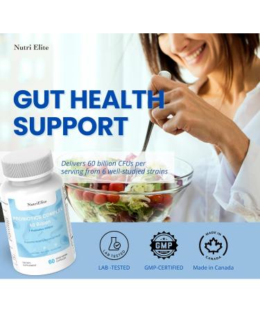 NUTRI ELITE Probiotics Complex 60 Billion CFU | 7 Diverse Strains | Supports Digestive Health Gut Flora Balance & Immune Function | Shelf-Stable Vegan Capsules | 60 Capsules - Buy Online on GoSupps.com