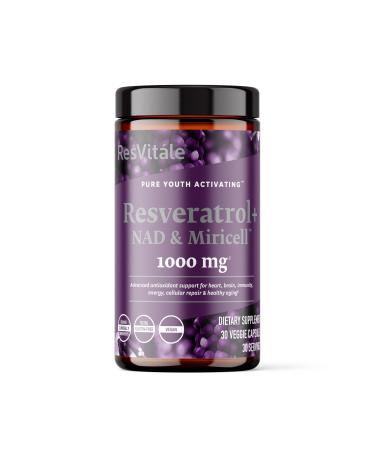 ResVit le Resveratrol + NAD & Miricell 1000 mg - Advanced Antioxidant Support for Brain Heart Energy & More - 30 Veggie Capsules (30 Servings)