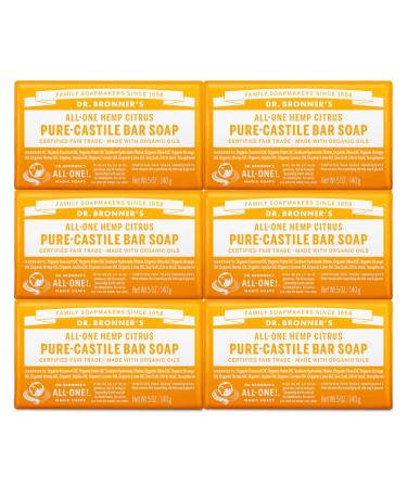 Dr. Bronner's - Pure-Castile Bar Soap (Citrus 5 ounce 6-Pack) - Made with Organic Oils For Face Body and Hair Gentle and Moisturizing Biodegradable Vegan Cruelty-free Non-GMO Citrus 5 Ounce (Pack of 6)