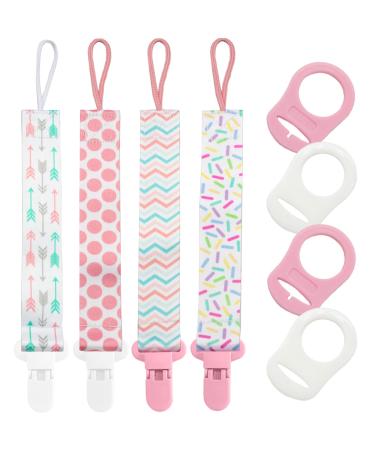 4X Dummy Clips Baby Pacifier Holder Soother Clip Chain Straps with Plastic Clasp 4X Silicone Ring Adapter Fit All Dummies & Soothers & Teething Toys (Pink)
