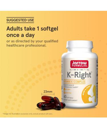 Jarrow Formulas K-Right - Vitamin K-Complex (K1 MK-4 MK-7 D3) - 60 Servings (Softgels) - Dietary Supplement for Bone & Cardiovascular Health Support - Vitamin K2 MK-7 - Gluten Free Pack of 12 - Buy Online on GoSupps.com
