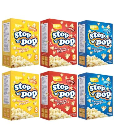 Popcorn Bundle with Stop n Pop Salty Microwave Popcorn 3 Bags x2 WIth Sweet Popcorn 3 Bags x2 and Butter Popcorn 3 Bag x2 (6 Pack)