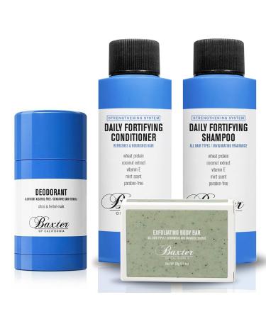 Baxters of California Travel Kit – Men's Shower Set – Travel Shampoo | Travel Conditioner | Travel Deodorant | Travel Exfoliating Cleansing Bar – Refreshing and
