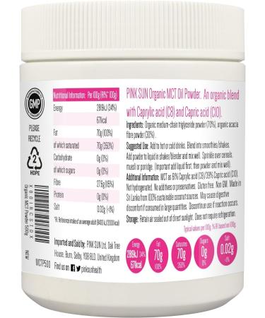 PINK SUN Organic MCT Oil Powder 500g C8 and C10 with Acacia Fiber - Keto Diet Support - Vegan & Gluten Free - Buy Online on GoSupps.com
