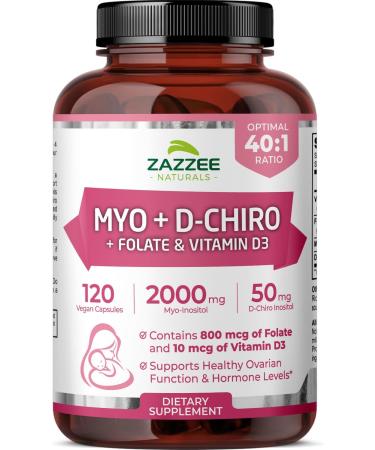 Zazzee Myo-Inositol + D-Chiro + Vitex, 120 Vegan Capsules, Optimal 40:1 Inositol Ratio, with 500 mg Vitex, Vegan, Non-GMO and All-Natural, Supports Healthy Ovulation and a Regular Cycle - Buy Online on GoSupps.com