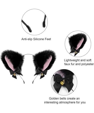 Cat Ears Headband Choker Necklace Set Plush Furry Ears Hairband with Bells Bow Christmas Gifts Maid Outfit Cosplay Daily Decoration for Women (black pink) - Buy Online on GoSupps.com