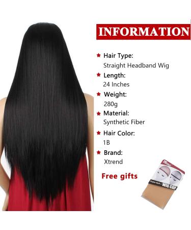Xtrend 24 Headband Wig 24 Inch Straight Black None Lace Front Glueless Natural Looking Wig for Women - Daily Use - Buy Online on GoSupps.com