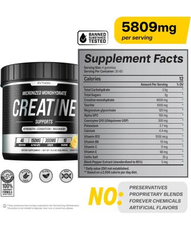 Python Creatine Monohydrate Gummies - 5800mg Taurine Alpha GPC CoQ10 Electrolytes - Vegan & Gluten-Free for Muscle Growth & Recovery - 120 Count - Buy Online on GoSupps.com