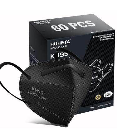 HUHETA KN95 Face Mask 60 PCs, 5-Ply Safety Masks for Men & Women, Filter Efficiency95% (Black Mask) 60 Packs-black Mask
