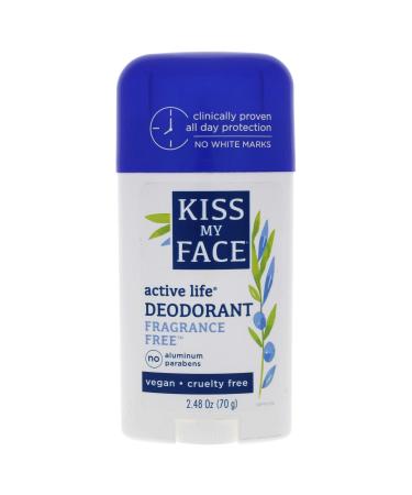 Kiss My Face Active Life Fragrance Free Deodorant - Aluminum Free Deodorant For Women And Men - With Added Grapefruit Seed Extract  Rosemary And Sage - 2.48 Oz Stick  1 Pack