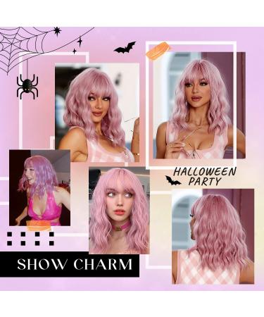 Kellynee Pink Bob Wig with Bangs - Shoulder Length Short Curly Synthetic Hair for Women - Heat Resistant and Natural Looking Wig for Daily, Halloween, Party, Cosplay - Buy Online on GoSupps.com