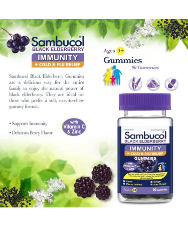 Sambucol Black Elderberry Immunity Gummies | Immune Support & Antioxidant | Quickly Relieves Cold & Flu Symptoms | Ideal for Families | Gluten Free | 90 Gummies Black Elderberry 90 count (Pack of 1) - Buy Online on GoSupps.com