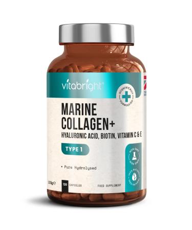 Marine Collagen Capsules 1000mg - 120 Capsules - 9 Powerful Skin Supporting Nutrients - Type 1 Hydrolysed Pure Marine Collagen with Hyaluronic Acid - Marine Collagen Supplement by VitaBright