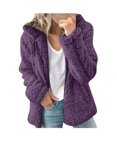 FUNEY Womens Warm Winter Sherpa Fuzzy Fleece Hooded Sweatshirts Casual Loose Zipper Cardigan Jackets Tunic Tops Purple X-Large