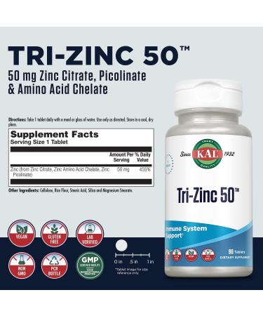 KAL Tri Zinc 50mg Supplement - Metabolism & Immune Support - Vegan & Gluten-Free - 90 Tablets - Buy Online on GoSupps.com