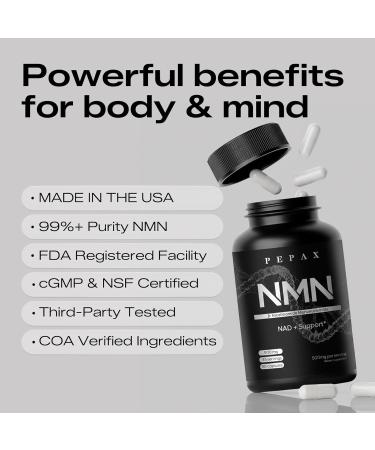 PEPAX NMN 500mg Supplement -High Purity Nicotinamide Mononucleotide for NAD+,90 Capsules (45-Day Supply)-Made in USA, cGMP Certified,Cellular Energy, Anti-Aging, DNA Repair & Brain Support - Buy Online on GoSupps.com