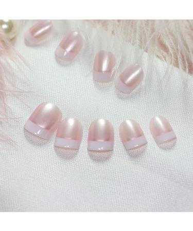 Elevenail Glossy Pearl Pink White French False Nails - Medium Short Squoval Press on Nails for Women and Girls - Christmas Nail Art Tips Gift - Buy Online on GoSupps.com