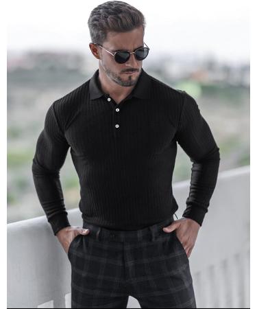 Coofandy Men's Long Sleeve Muscle Stretch T-shirt Slim Fit Polo Shirt - Black - Buy Online on GoSupps.com