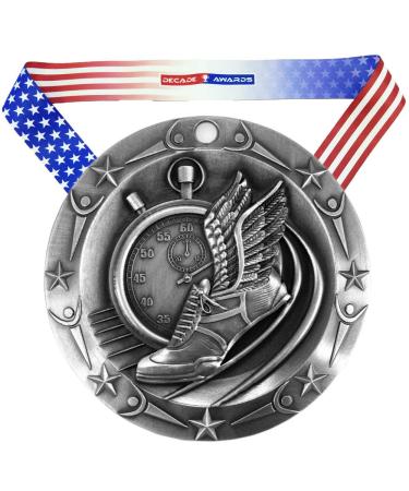 Decade Awards Track World Class Medal - 3 Inch Wide Medallion with Stars and Stripes American Flag V Neck Ribbon SILVER