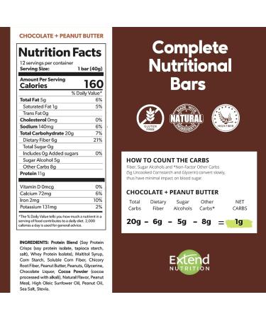Extend Sugar Free Protein Bars, Perfect Diabetic Snacks, High Protein and Fiber, Hunger Control & Steady Energy, Low Carb, Keto Friendly, Chocolate Peanut Butter, 12 Count - Buy Online on GoSupps.com