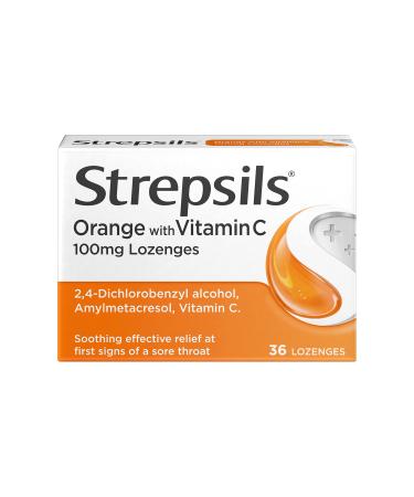 Strepsils Orange with Vitamin C Lozenges 36s Gluten Free Sore Throat Relief Soothes Sore Throat Fights Infection Works in 5 Mins Orange 36 Count (Pack of 1)