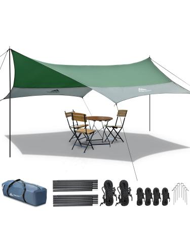 Forceatt 12X14FT Tarp with 2 Poles Waterproof Camping Tarp Car Awning Lightweight Camping Tarp Sun Shelter Can be Used with Car Tent and Hammock in Camping Hiking Backpacking Garden and Traveling. Green & Gray