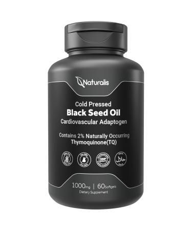 Naturalis Cold Pressed Black Seed Oil 1000mg | 2% Naturally Occurring Thymoquinone (TQ) for Hair Skin Nails & Cardiovascular Support | Non-GMO Gluten & Soy Free | 60 Softgels 60 Count (Pack of 1)