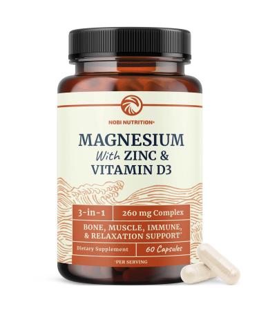 Magnesium Zinc & Vitamin D3 | 260MG Complex | High Absorption Mag Citrate Glycinate & Malate | Muscle Nerve Function & Bone Health Support | Zinc and Magnesium Supplement with VIT D3 | 60 Ct. Zinc and D3 60ct.