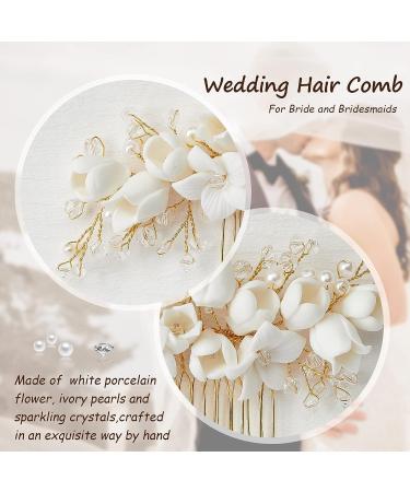 Sooshin Porcelain Flower Bridal Hair Comb with Pearl and Crystal Accents - Gold Wedding Headpiece for Bride and Bridesmaids - Buy Online on GoSupps.com